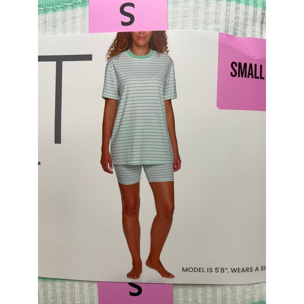 NWT Loft Bike Short Pajama Set Womens S Green White Striped Ribbed Knit 2pc